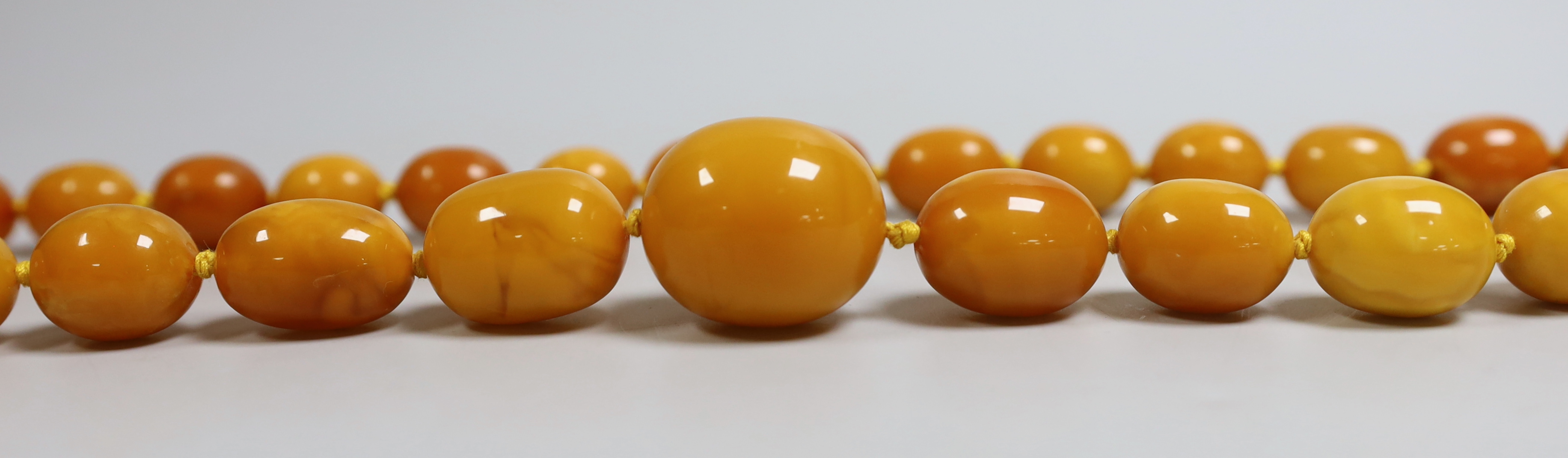 A single strand graduated oval amber bead necklace, 64cm, gross weight 113 grams.